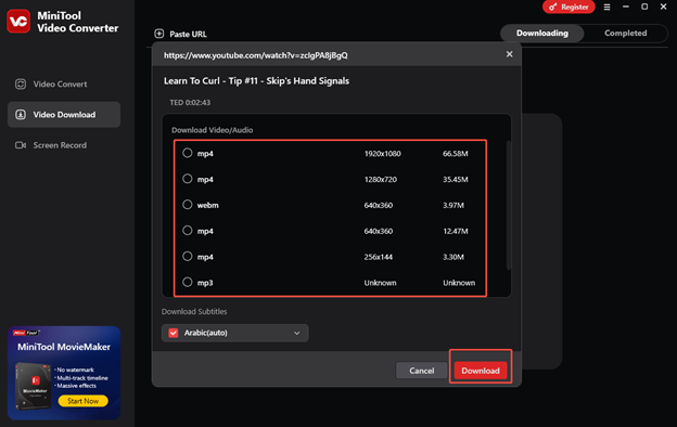 Choose an output format and click on Download to start downloading the curling video in MiniTool Video Converter