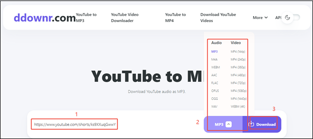 Paste the YouTube video link, choose output format, and click on Download in ddownr