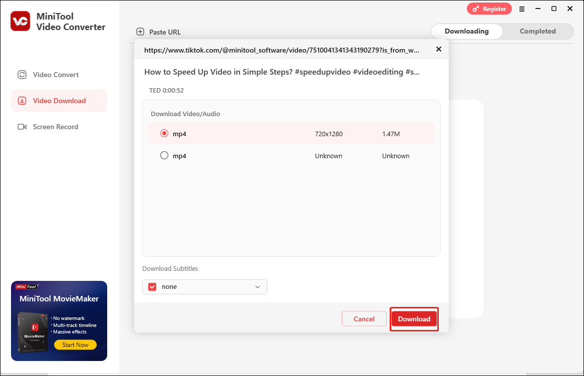 Choose the TikTok video format and resolution in MiniTool Video Converter