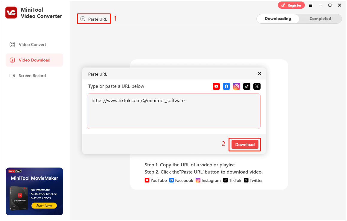 Paste the target TikTok profile link and click Download