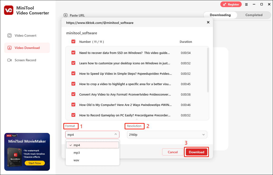 Click Download to download TikTok videos by username in MiniTool Video Converter