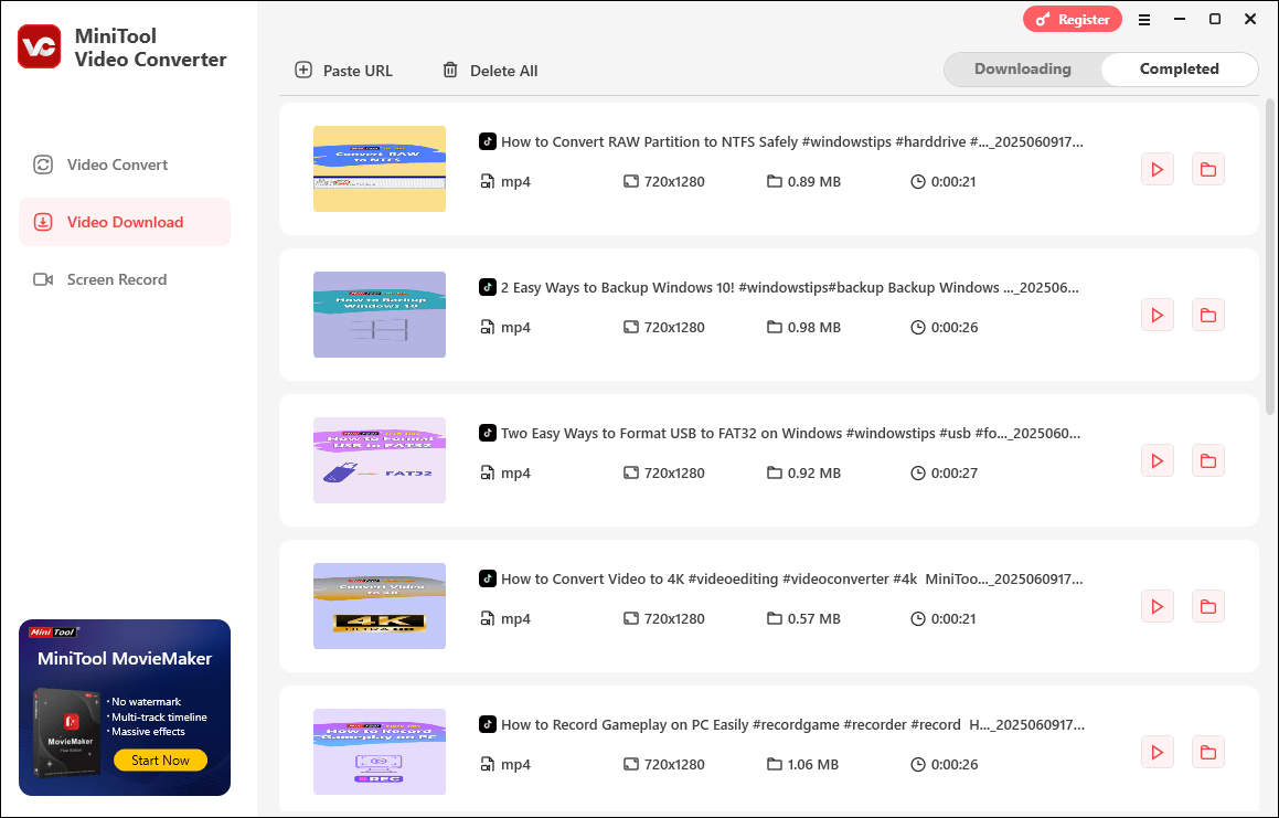 Play or locate the downloaded TikTok videos from MiniTool Video Converter