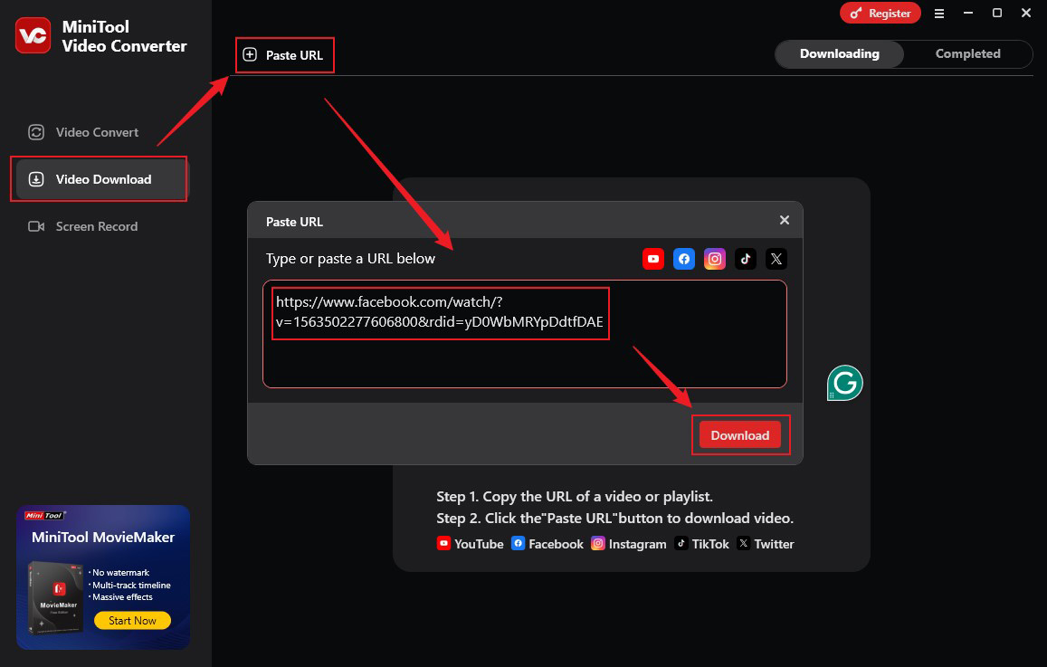 Click the Paste URL option in the Video Download section of MiniTool Video Converter to paste the copied Facebook video URL