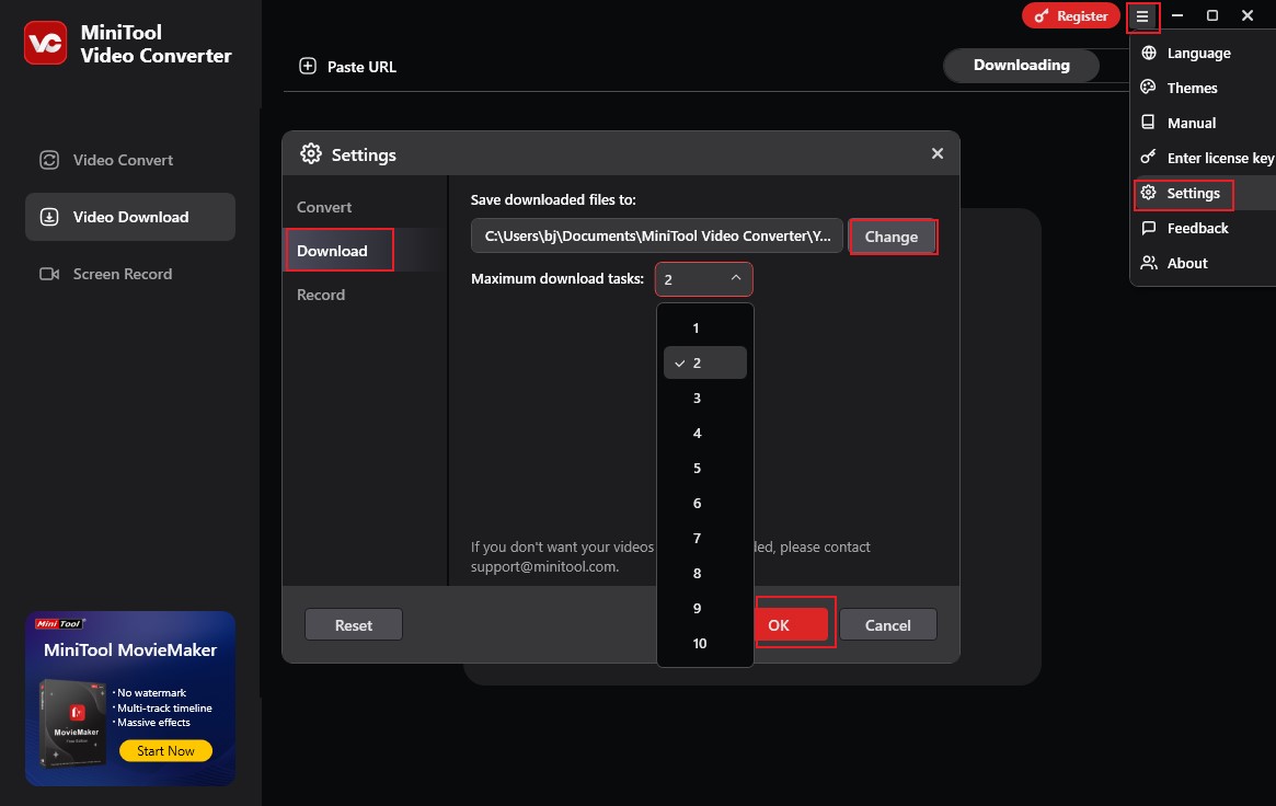 Click the hamburger icon in MiniTool Video Converter and go to Download Settings to change the saving path and maximum download values