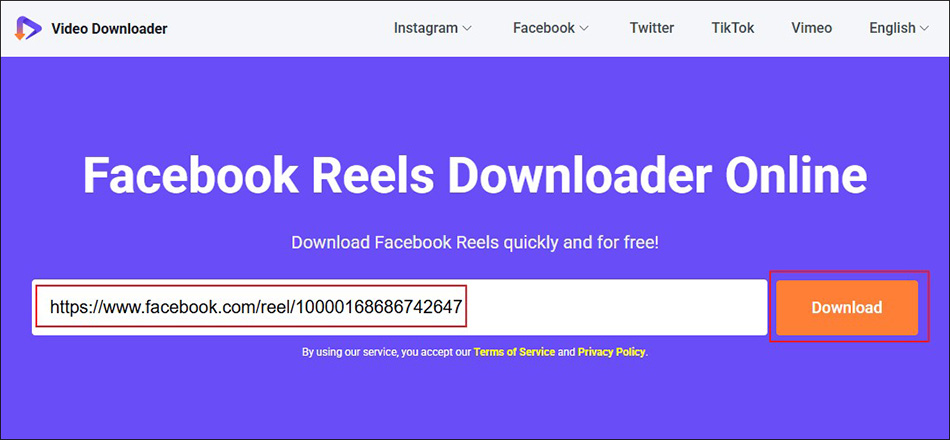 Paste the copied Facebook video URL into the search box of Online Video Downloader on viddown.net