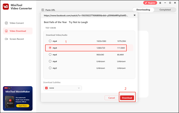 Choose HD format and click on Download to start downloading the Facebook video in MiniTool Video Converter