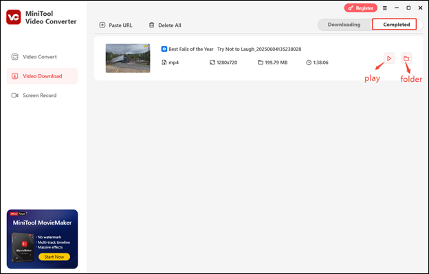 Switch to Completed, watch the video by clicking play, and locate the video by clicking the folder icon in MiniTool Video Converter