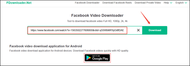 Paste the Facebook video link and click on Download to analyze the video in FDownloader.Net