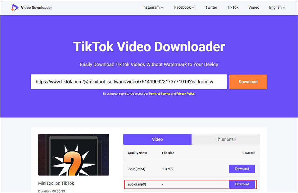 Choose the audio (.mp3) option and click the Download button in Online Video Download on viddown.net
