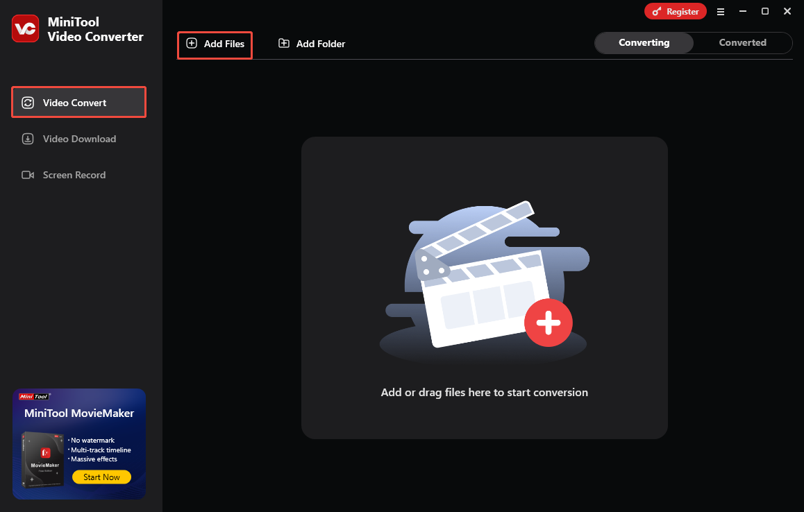 Click the Add Files option to import the saved TikTok video into MiniTool Video Converter