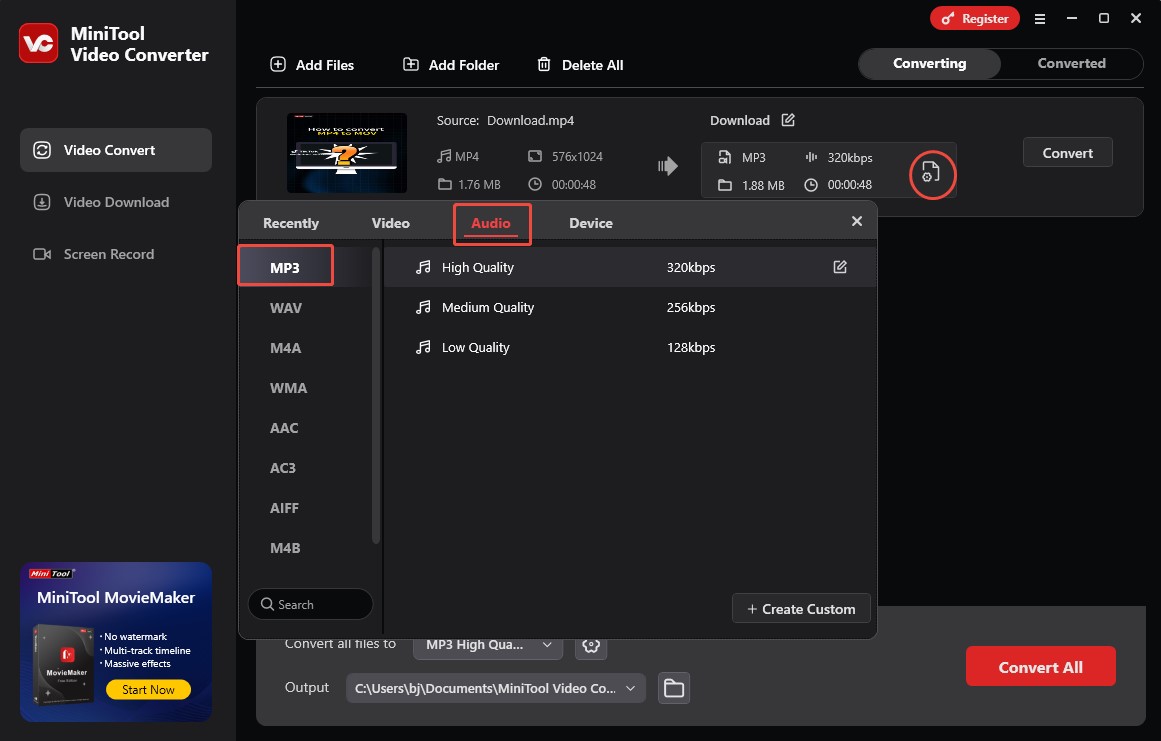Click the Output Settings icon in MiniTool Video Converter to choose the preferred audio format under the Audio tab