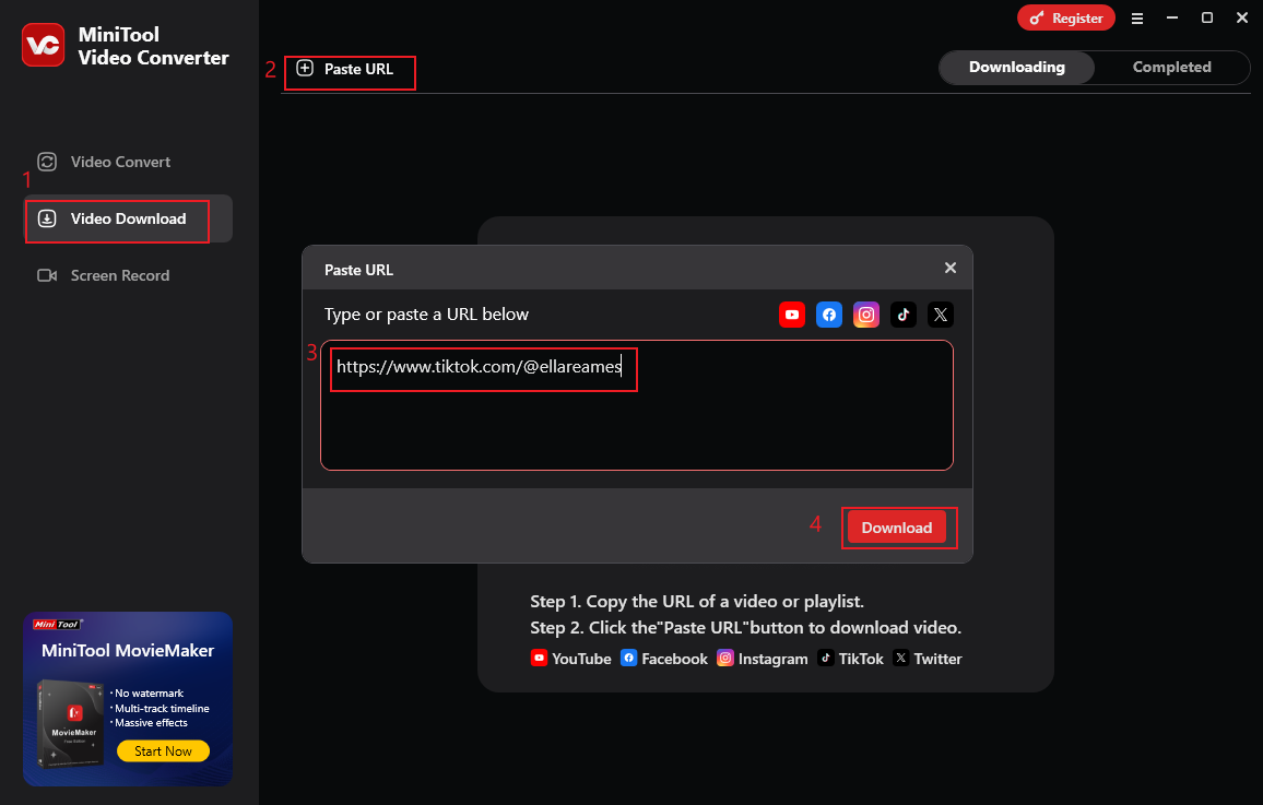Go to the Video Download section and click the Paste URL option to paste the copied TikTok link into MiniTool Video Converter