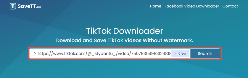 Paste the TikTok video URL and click Search on SaveTT.cc