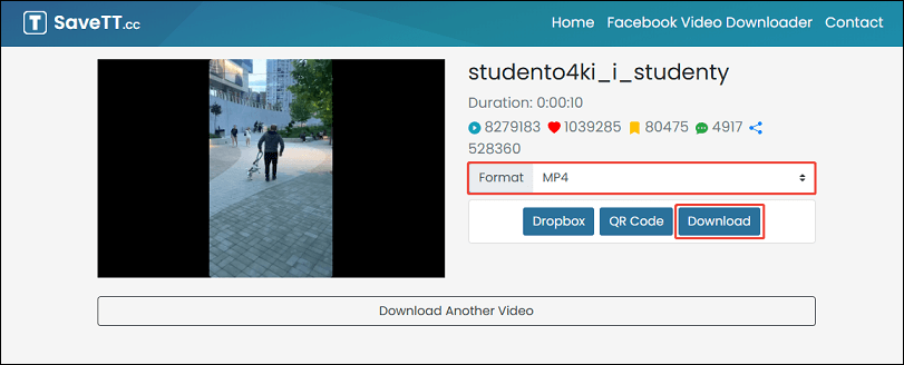 Expand the drop-down Format menu to select a download format and click Download on SaveTT.cc