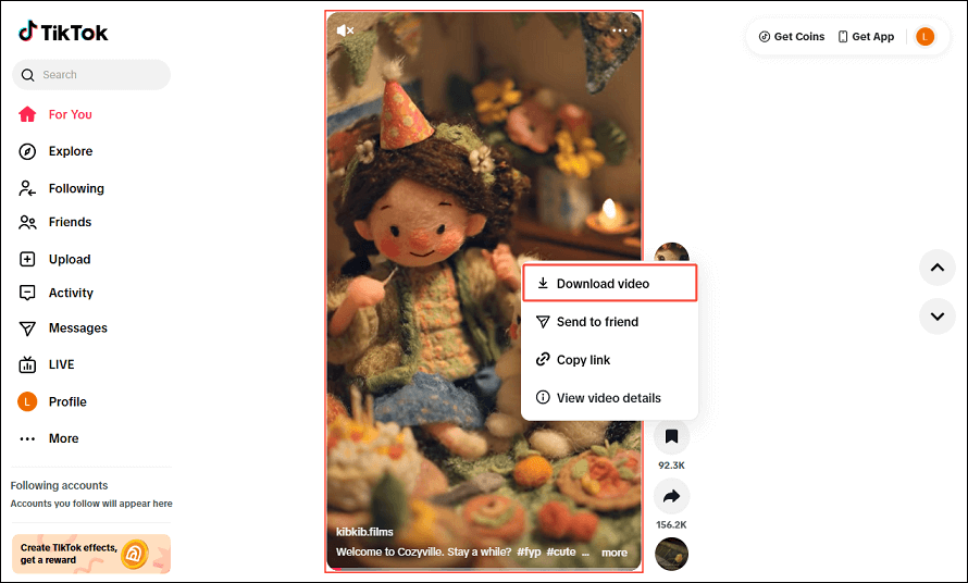 Select Download video to save the video through TikTok’s website