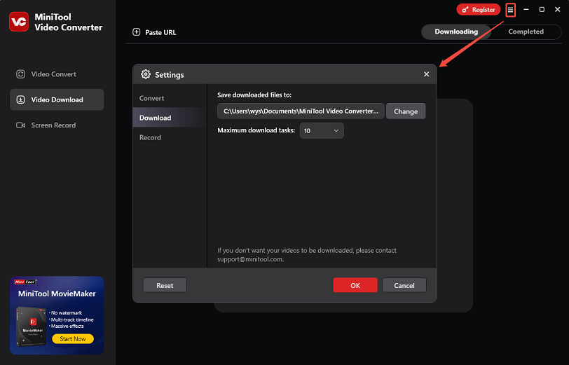 Customize the save folder and the maximum number of simultaneous downloads in the Settings of MiniTool Video Converter