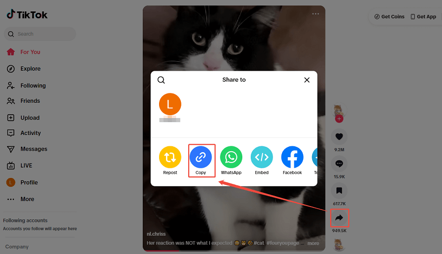 Click the Share icon and click on Copy to copy the video link on TikTok