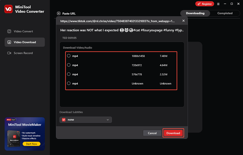 Select the download format and resolution and click Download to start downloading the TikTok video with MiniTool Video Converter