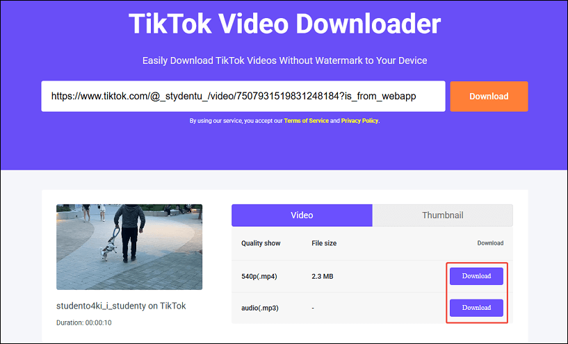 Click the Download button to start downloading the TikTok video via viddown.net