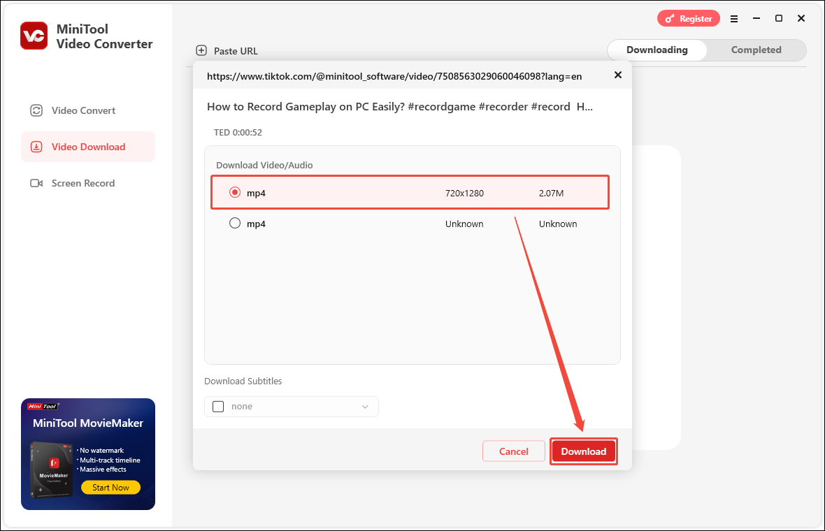 Choose mp4 and click Download in MiniTool Video Converter
