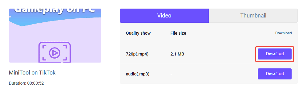 Choose the video quality and click Download on viddown.net