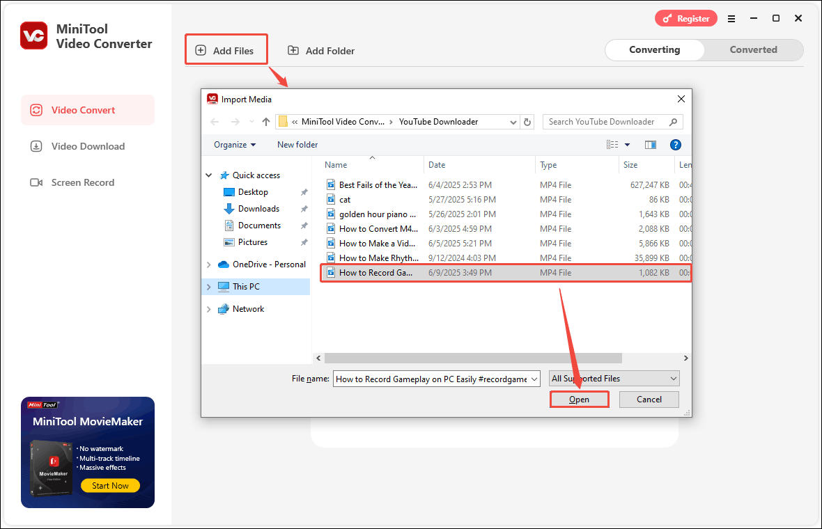 Click Add Files in MiniTool Video Converter, select a video file, and click Open