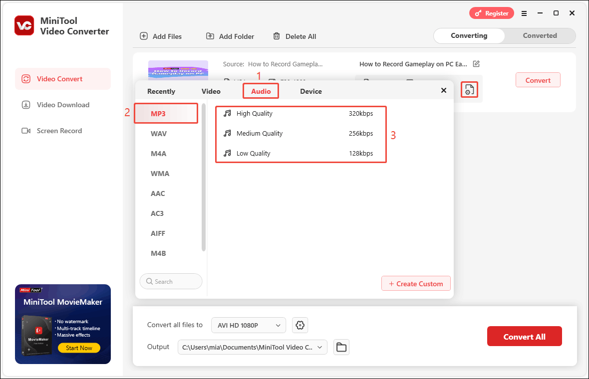 Choose the Audio tab, click MP3, and select the audio quality in MiniTool Video Converter