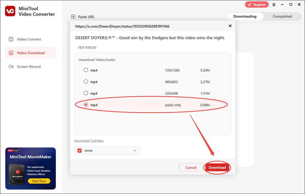 Choose mp4 audio only as the output format and click on Download in MiniTool Video Converter to begin the saving process