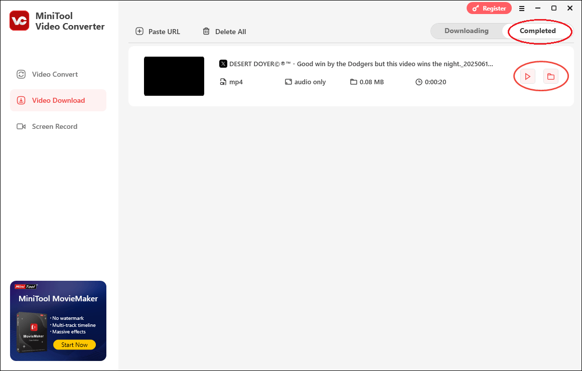 Click on the Play icon or the Folder icon in the Completed section of MiniTool Video Converter to manage the saved Twitter content