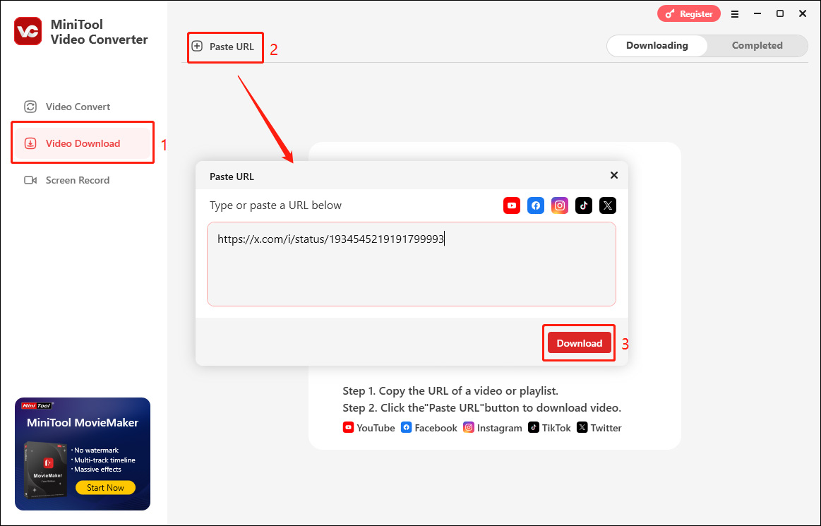 Paste the URL of the Twitter clip in MiniTool Video Converter