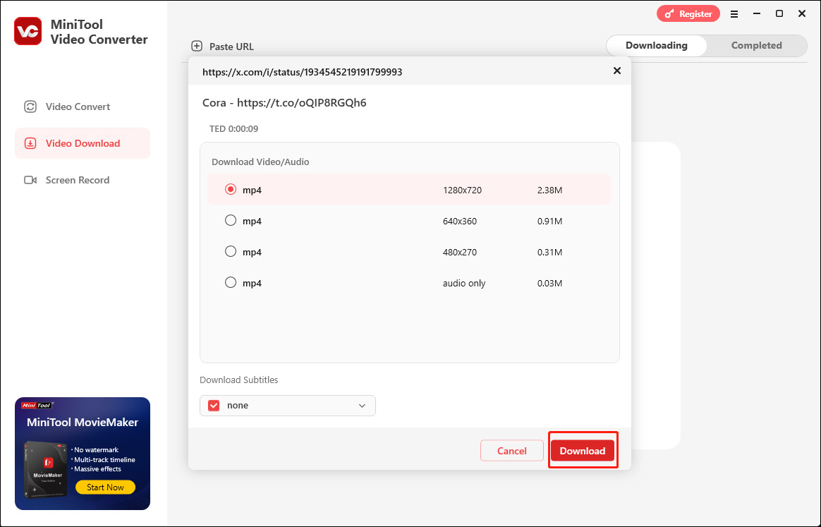 Choose the output format and click Download in MiniTool Video Converter