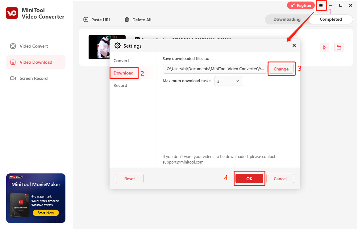 Change the save location of the downloaded video in MiniTool Video Converter