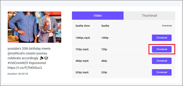 Choose the 720p (.mp4) profile and click Download to start downloading in Online Video Downloader on viddown.net