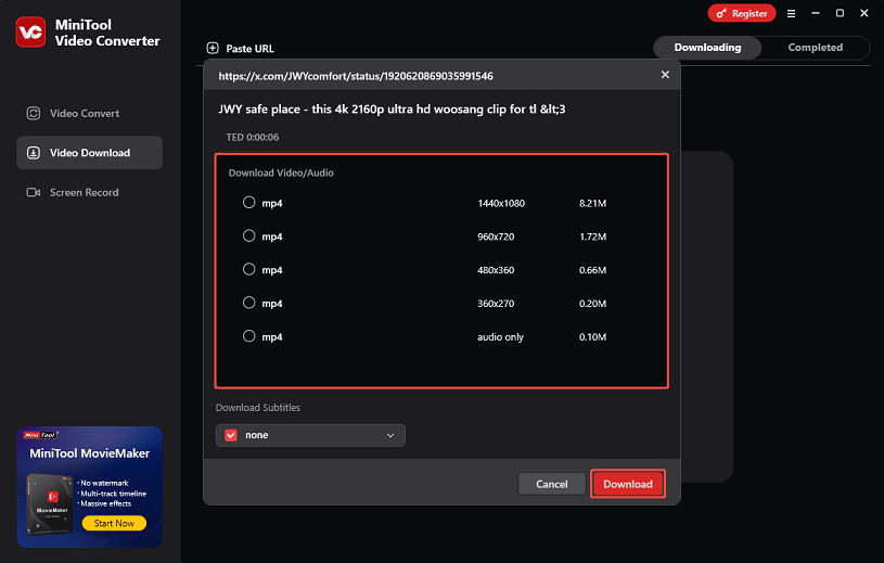 Select the download format and quality, and click on Download to start downloading the Twitter video with MiniTool Video Converter