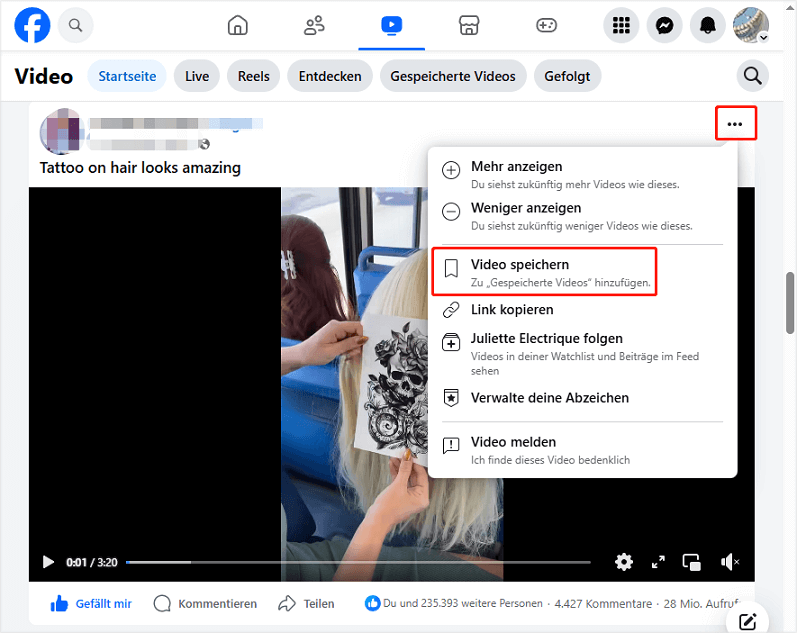 klicken Sie auf das Dreipunkt-Symbol auf Facebook und wählen Sie die Option „Video speichern“