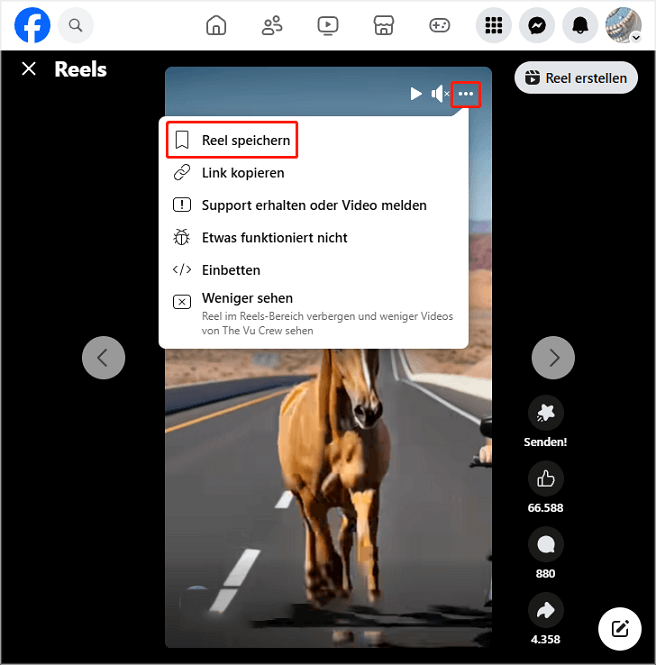 Zum Speichern eines Reels auf Facebook klicken Sie auf das Dreipunkt-Symbol und wählen Sie die Option „Reel speichern“