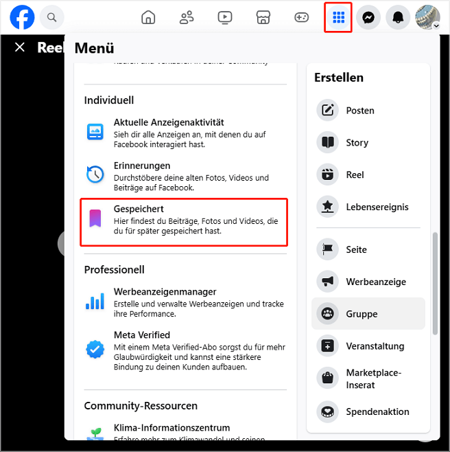 wählen Sie im Menü die Option „Gespeichert“, um die gespeicherten Facebook-Inhalte anzuzeigen