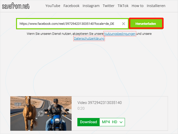 klicken Sie bei SaveFrom.net auf „Herunterladen“, um mit dem Download des Facebook-Videos zu beginnen