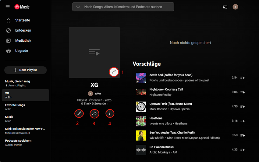 Playlist auf YouTube Music verwalten und bearbeiten