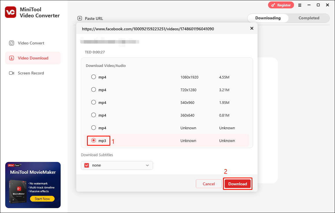 Click Download to get audio from the FB video using MiniTool Video Converter