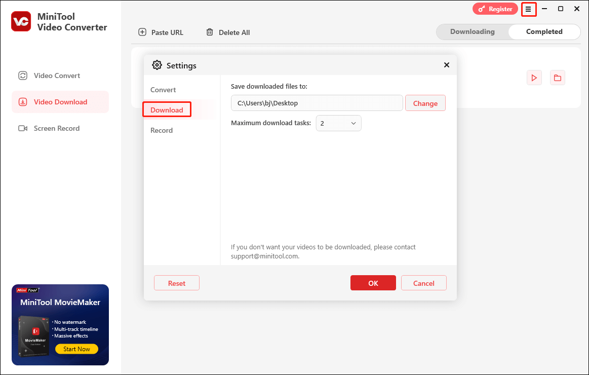 Change the download folder in MiniTool Video Converter