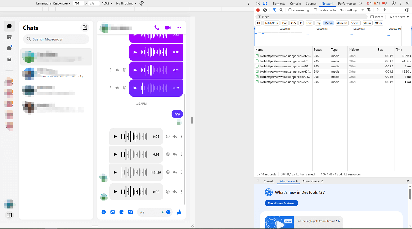 Enable the voice message link in Chrome Developer Tools