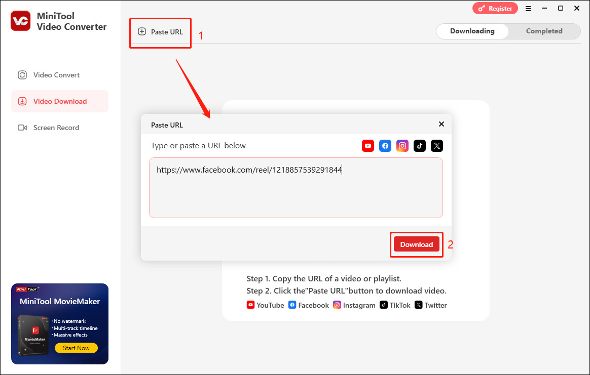 Paste the Facebook short video URL in MiniTool Video Converter