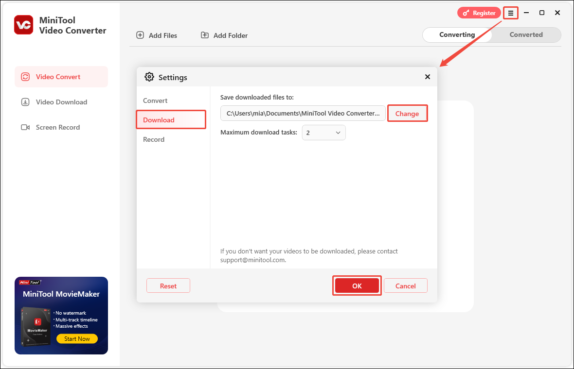 Go to Settings of MiniTool Video Converter, choose Download tab, and set the save location