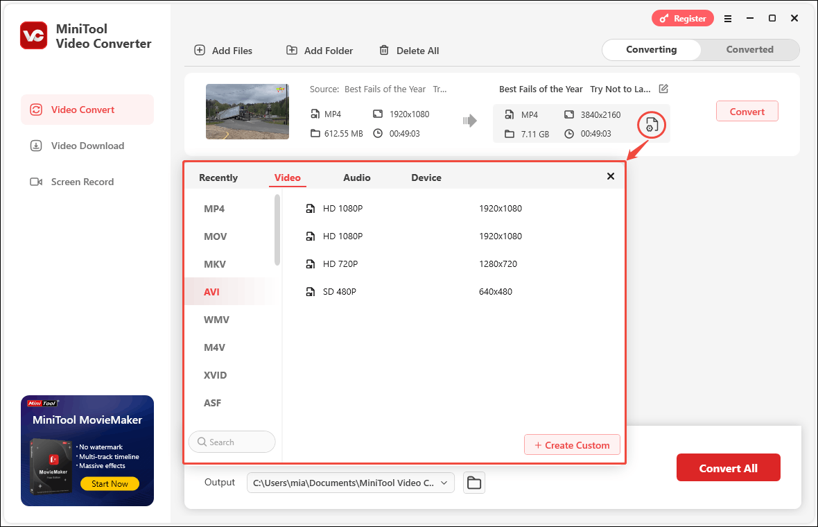 Click the output settings icon and select the target format in MiniTool Video Converter