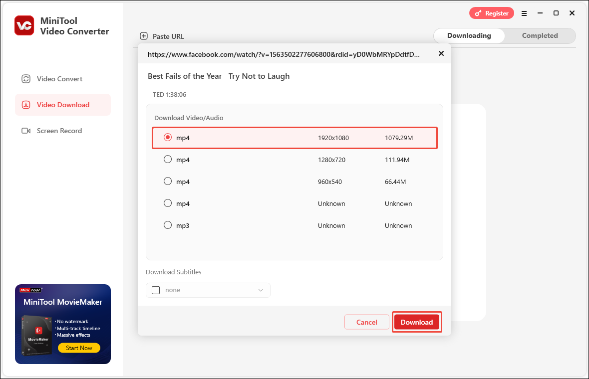 Choose the output format and click on Download in MiniTool Video Converter