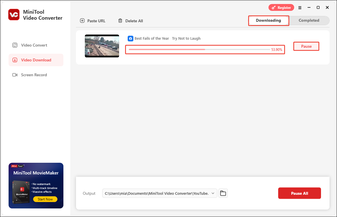 Check the downloading process under the Downloading tab in MiniTool Video Converter