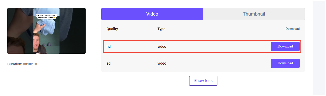 Choose the video quality you want and click on Download on viddown.net