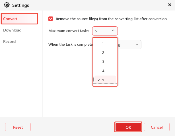 Choose the Convert tab and set the Maximum convert tasks in MiniTool Video Converter’s Settings