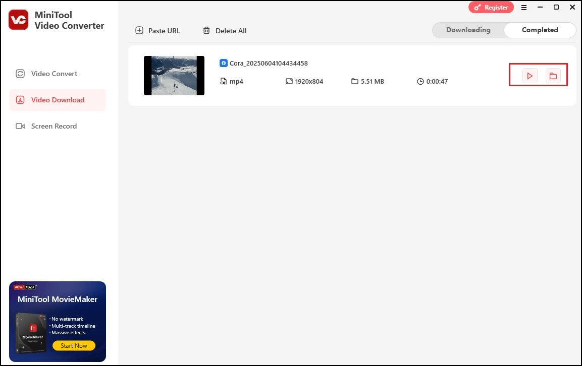 Sie können auf das Symbol Abspielen klicken, um das Video anzusehen, und auf das Symbol Ordner, um es zu finden.